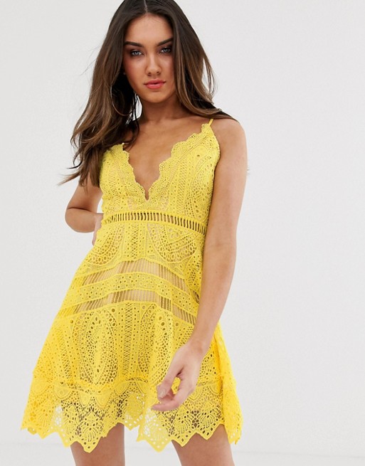 Love Triangle cami strap plunge front lace dress with hanky hem in lemon