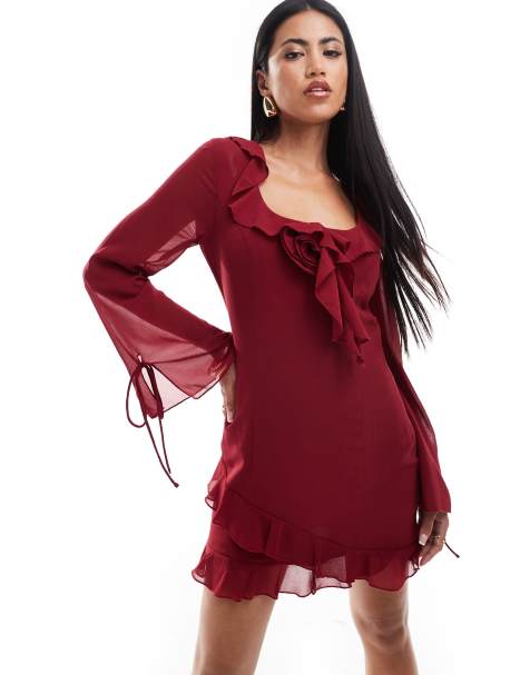 Love Triangle chiffon mini dress with corsage detail in merlot - view 1
