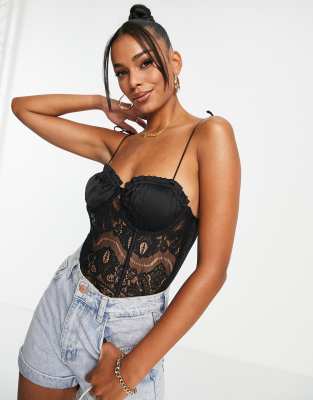 Black Petite Lace Corset Bodysuit, 51% OFF