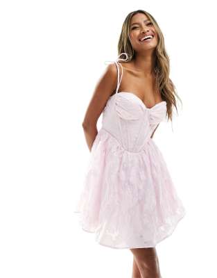 Love Triangle corset mini dress with tie shoulders in pink lace | ASOS