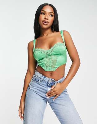 Love Triangle Corset Top With Lace Trim In Green