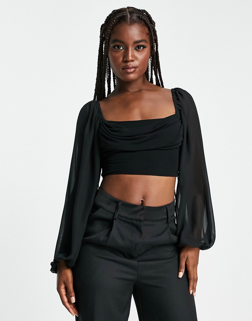 Love Triangle cowl neck blouse with sheer balloon sleeves in black