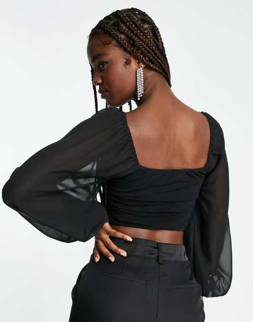 Love Triangle cowl neck blouse with sheer balloon sleeves in black