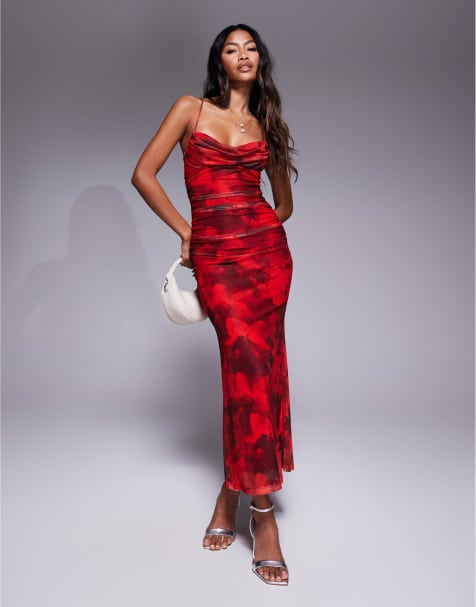 Love Triangle cowl neck mesh maxi dress in red rose print - view 1