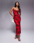 [Love Triangle] Love Triangle cowl neck mesh maxi dress in red rose print 14 RED