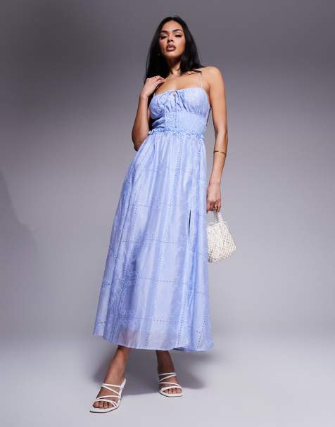 Love Triangle embroidered midaxi dress with shirred waist and lace up back in blue - view 1