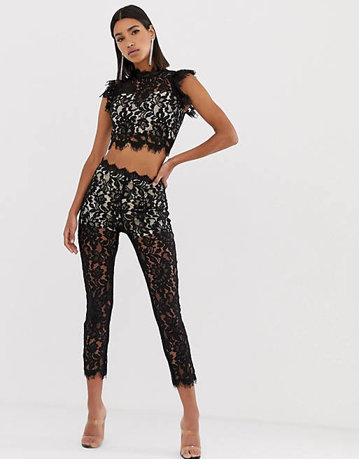 Love Triangle eyelash lace cigarette trouser top co ord in black