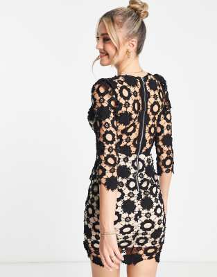 love triangle v neck mini dress in all over lace Flirla Deep V-Neck Lace Patchwork Tie-Waist Bodycon Mini Dress For Women,  Spring/Summer ,Petite Women