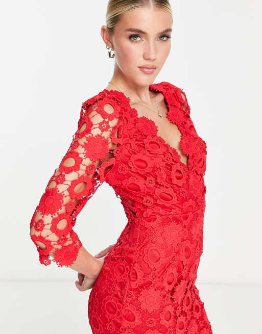 red lace cocktail dress with sleeves