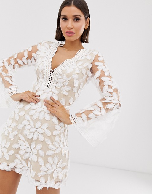 Love Triangle floral embroidered long sleeve dress in white