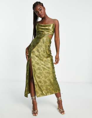love triangle floral jacquard satin maxi dress in khaki