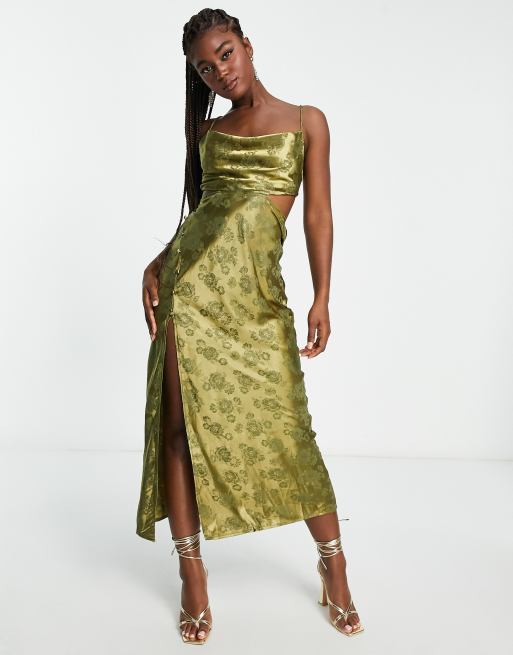 Love Triangle floral jacquard satin maxi dress in khaki