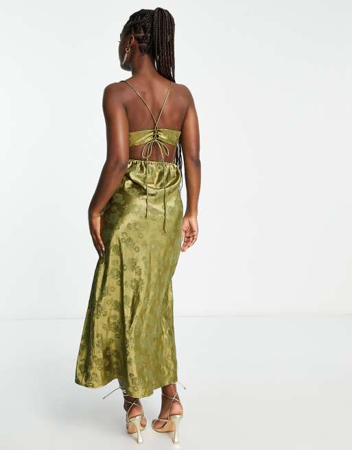 Love Triangle floral jacquard satin maxi dress in khaki