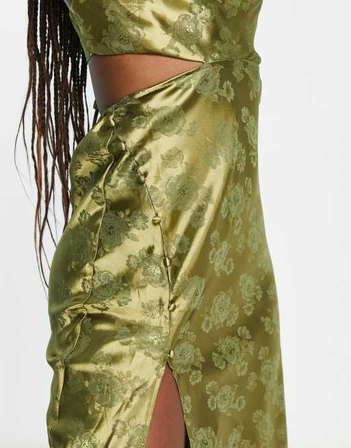 Love Triangle floral jacquard satin maxi dress in khaki