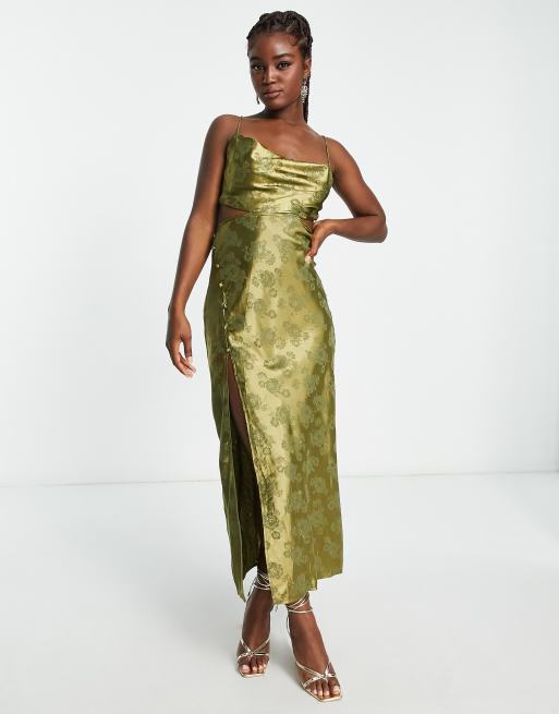 Love Triangle floral jacquard satin maxi dress in khaki