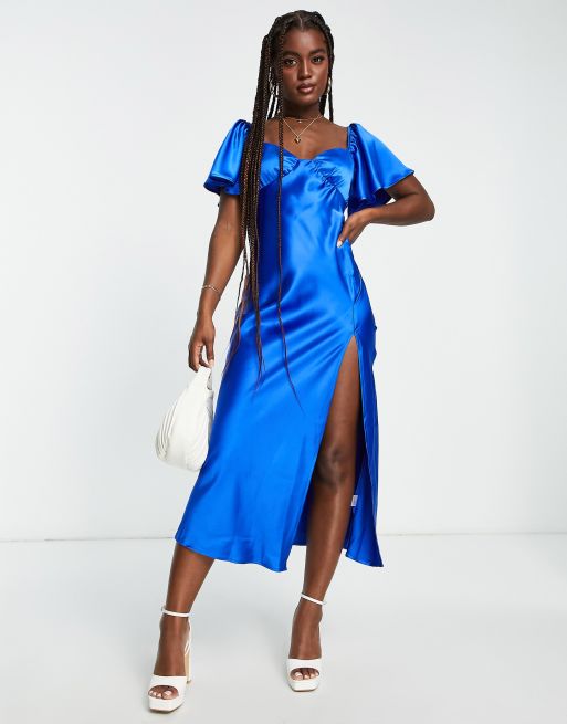 Love Triangle flutter sleeve midi dress in cobalt blue satin | ASOS