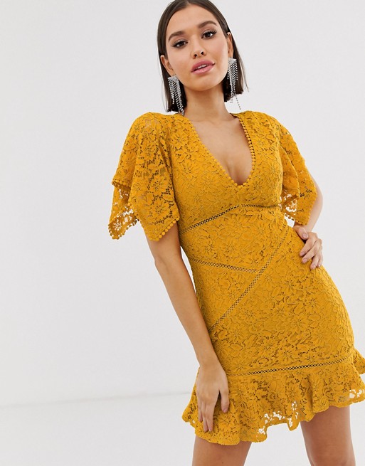 Love Triangle flutter sleeve mini lace dress with laddering inserts in burnt yellow