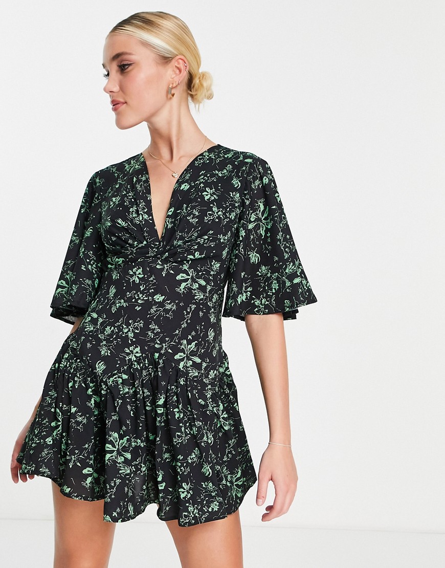 Love Triangle flutter sleeve playsuit in floral-Multi