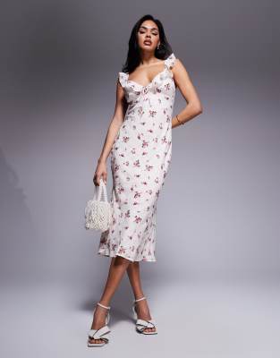 frill v-neck midi dress in textured floral plaid-pink