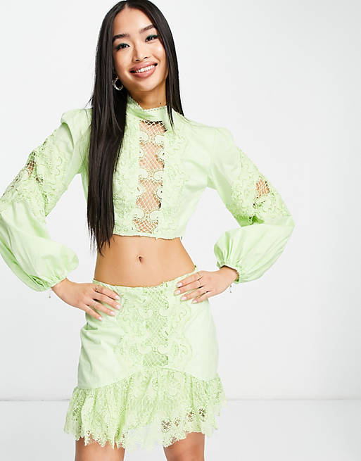 Love Triangle high neck lace crop top co-ord with balloon sleeves in leaf green