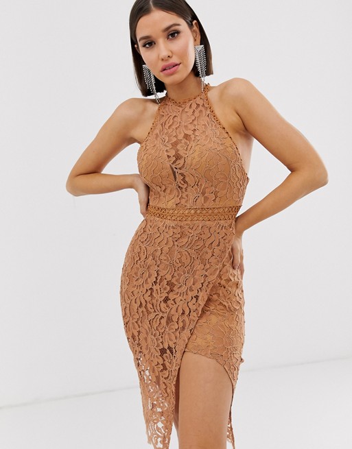 Love Triangle high neck lace dress with wrap skirt in caramel