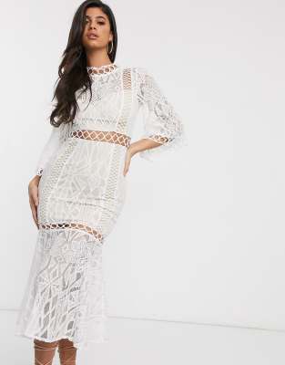 black lace high neck fishtail midaxi dress