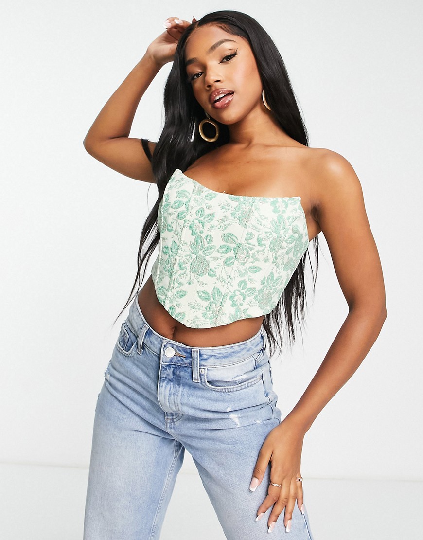Love Triangle jacquard corset top in green floral