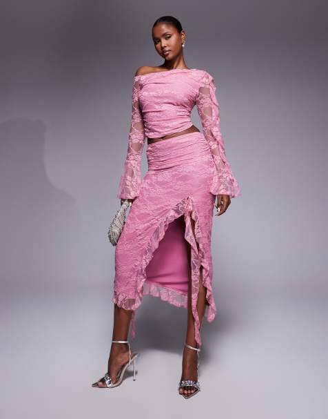 Love Triangle asymmetric ruffle lace midi skirt co-ord in dusky pink