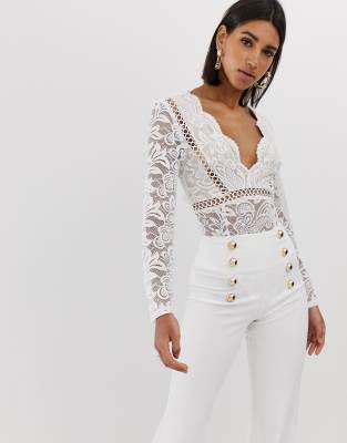 Love Triangle plunge front scallop edge body with tassel detail and lace insert in white White