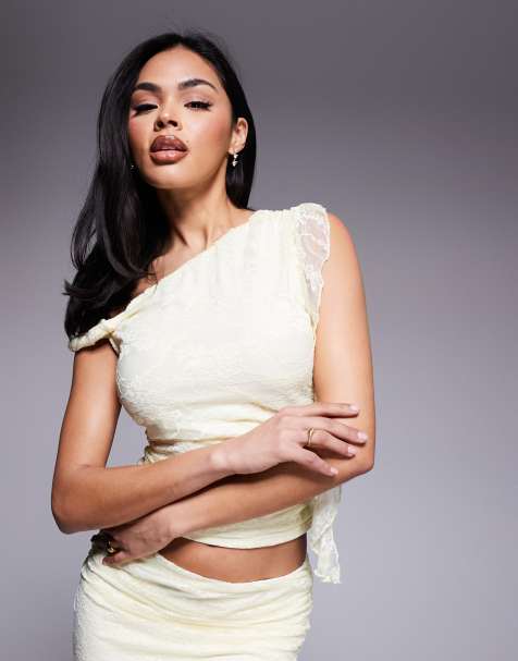 Love Triangle lace asymmetric top co-ord in lemon