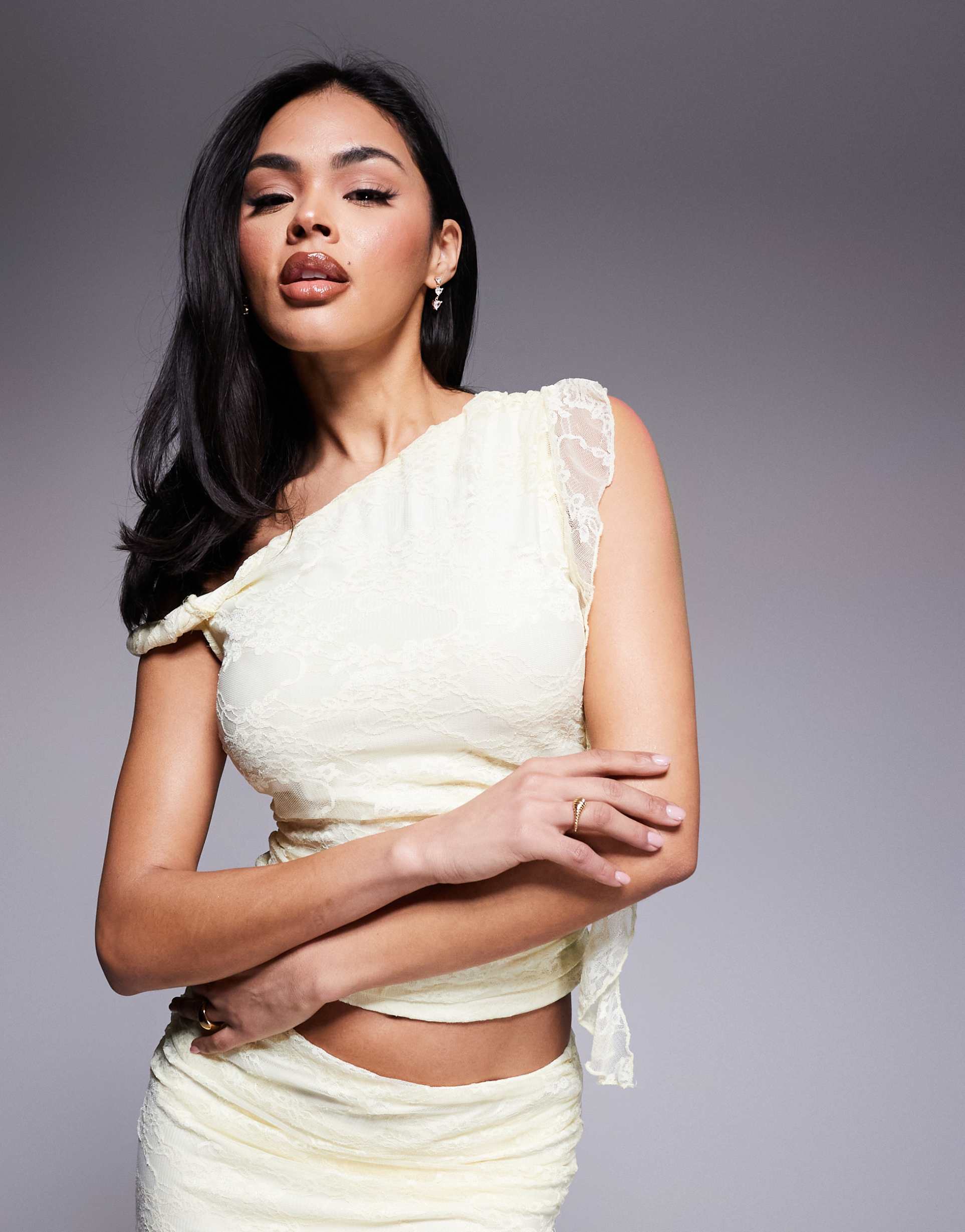 love triangle lace asymmetric top in lemon - part of a set