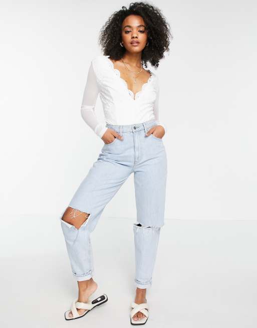 Love Triangle lace bodysuit with sheer sleeves in white | ASOS