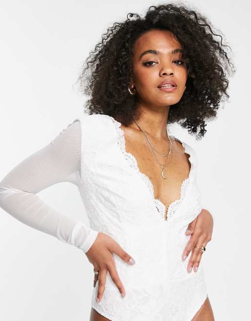 Love Triangle lace bodysuit with sheer sleeves in white