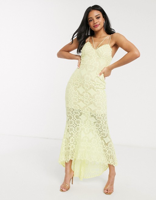Love Triangle lace fishtail maxi dress in lemon