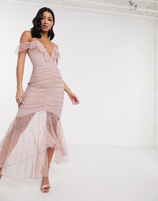 Love Triangle lace fishtail maxi dress with ruche detail