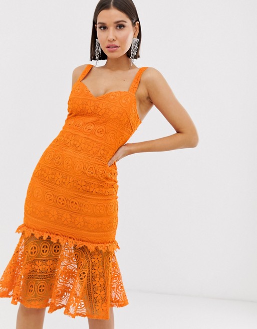 Love Triangle lace midi dress with fluted hem and sweetheart neckline in orange