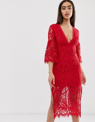 Love Triangle lace midi dress with fluted sleeves-Red