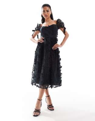 Love Triangle Lace Midi Dress With Tie Back In Black