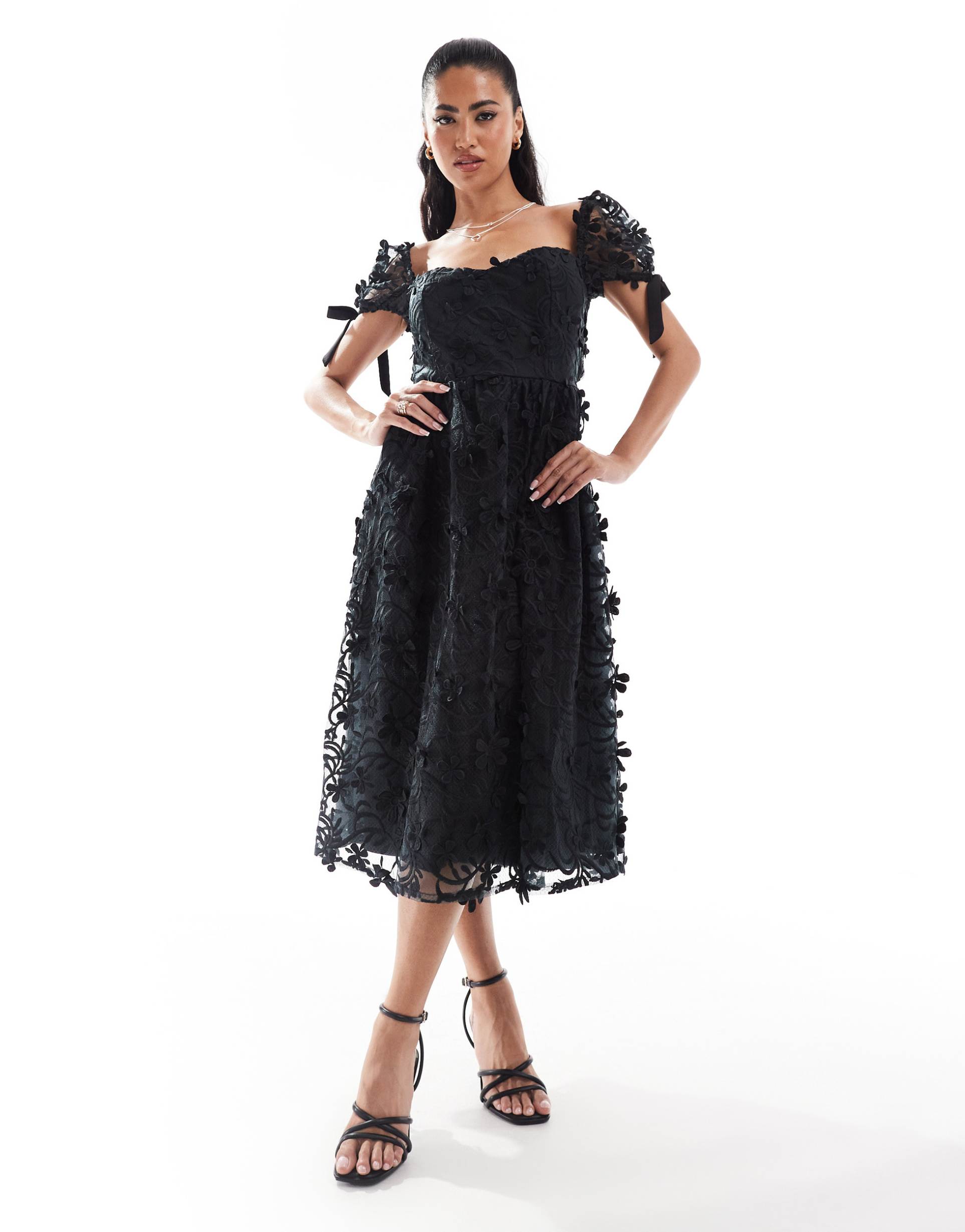 love triangle lace midi dress with tie back in black