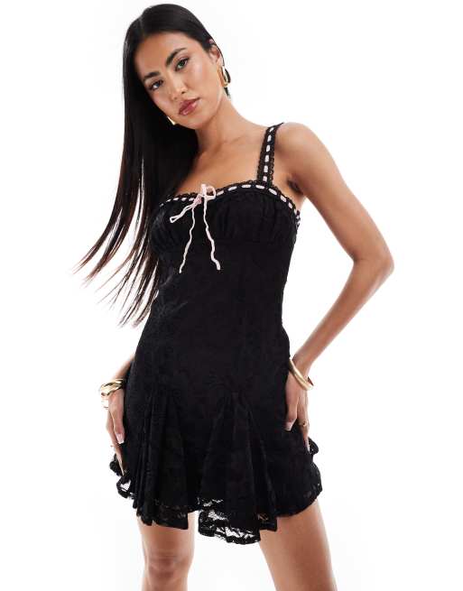 Love Triangle lace mini dress with ribbon detail in black and pink, 2 of 4