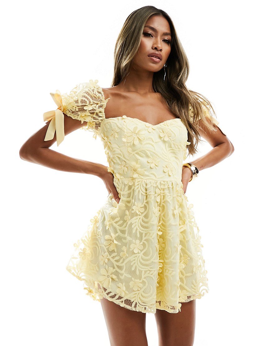 Love Triangle Lace Mini Dress With Tie Back In Yellow