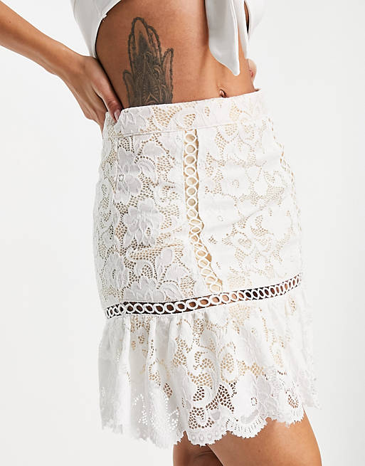 Love Triangle lace mini skirt with flounce in ivory co-ord