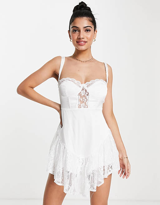 Love Triangle lace playsuit with satin inserts in white