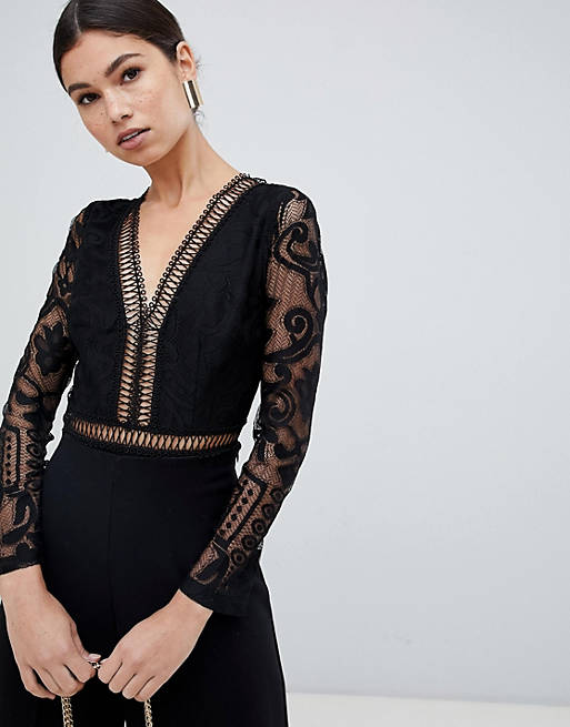 Love Triangle lace plunge front body in black