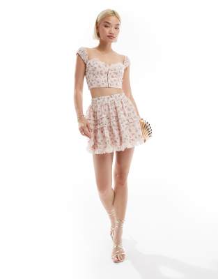 Love Triangle Lace Trim Corset Crop Top In Multi