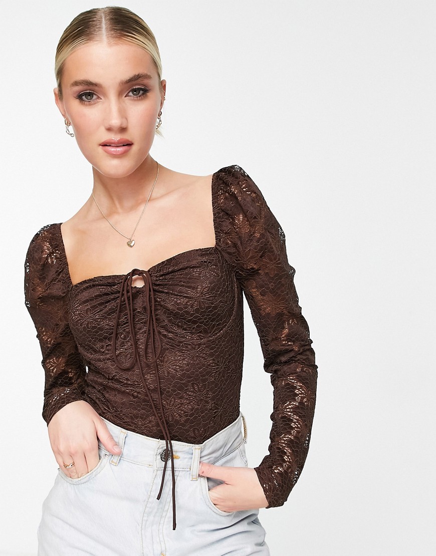 Love Triangle long sleeve lace bodysuit in brown