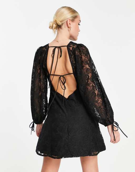Love Triangle long sleeve mini dress with open back in black lace, 3 of 4