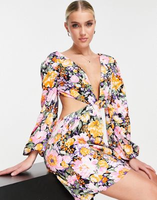 long sleeve mini dress with open back in dark floral-Multi