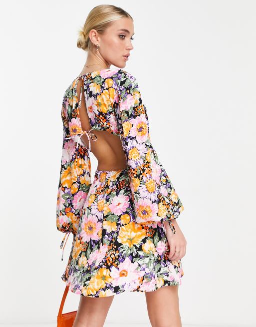 Open Back Trumpet Sleeve Dress Flower