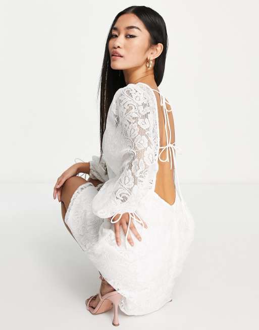 Love Triangle long sleeve mini dress with open back in white lace | ASOS